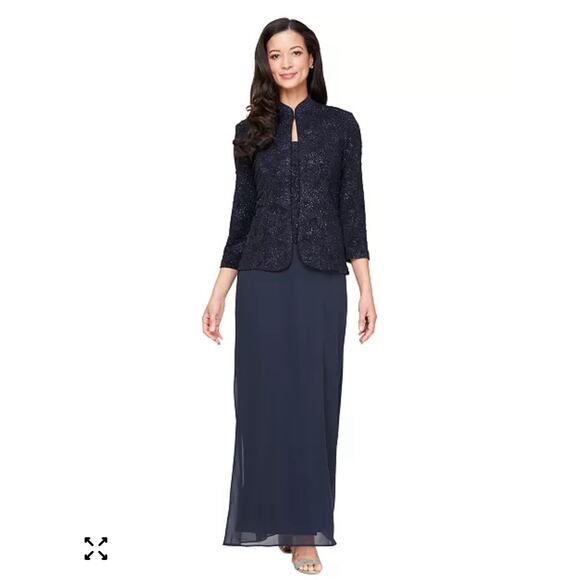 Alex Evenings Dress Womens 16 Navy Blue Sequin Jacket 2 Piece Formal Gown Set - Picture 1 of 15